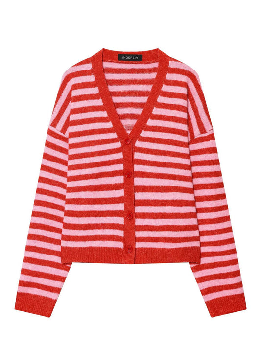 Damen modische gestreifte Strickjacke mit V-Ausschnitt und Knopfleiste Stalluxe