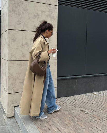 Damen Lange und elegante Trenchcoat-Jacke aus wasserabweisendem Material Stalluxe