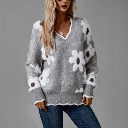 Damen Strickpullover mit floralem Design und V-Ausschnitt Stalluxe