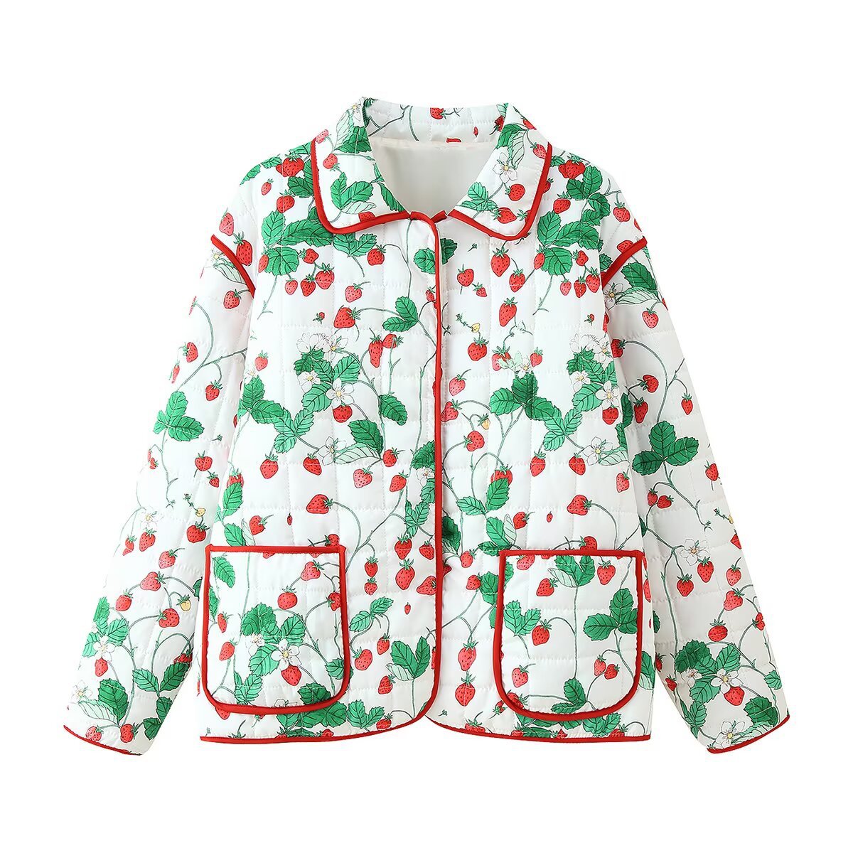 Damen modische Steppjacke mit Erdbeermuster und großen Taschen Stalluxe