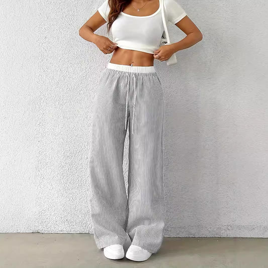 Damen Weite gestreifte Sommerhose mit elastischem Bund und Kordelzug Stalluxe