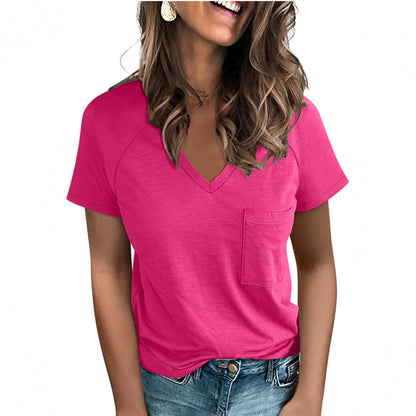 Damen V-Ausschnitt T-Shirt mit Brusttasche Stalluxe