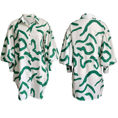 Damen Modisches Hemdblusenkleid mit auffälligem Muster und voluminösen Ärmeln Stalluxe Grün