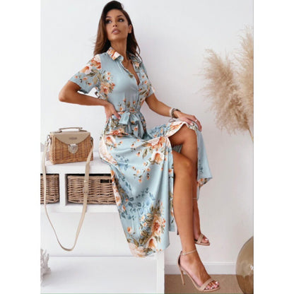 Damen elegantes Maxikleid mit floralen Mustern und taillierbarem Gürtel Stalluxe