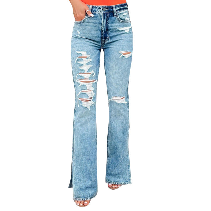 Damen Flared Jeans mit Distressed-Effekten und seitlichen Schlitzen Stalluxe