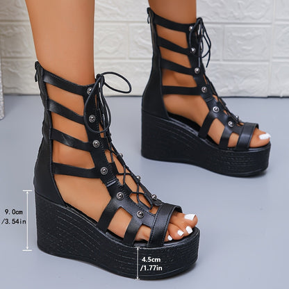Damen Plateau Sandalen mit Schnürung Stalluxe
