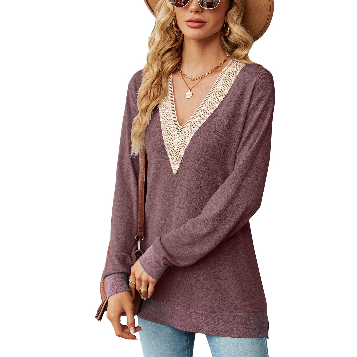 Damen Viskose Pullover mit verspieltem V-Ausschnitt und feinen Häkelakzenten Stalluxe
