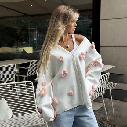 Damen Strickjacke mit floralem 3D-Design und V-Ausschnitt Stalluxe