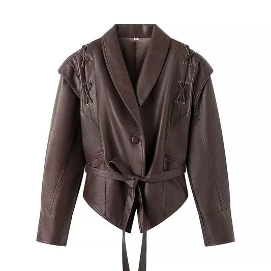 Damen Kunstlederjacke mit taillierbarem Gürtel und kontrastierenden Nähten Stalluxe