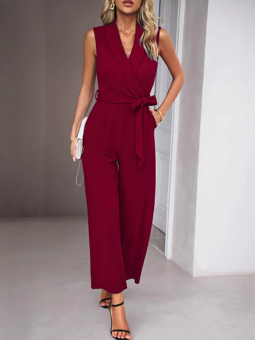 Damen Eleganter Jumpsuit mit Wickeloptik und Taillengürtel Stalluxe