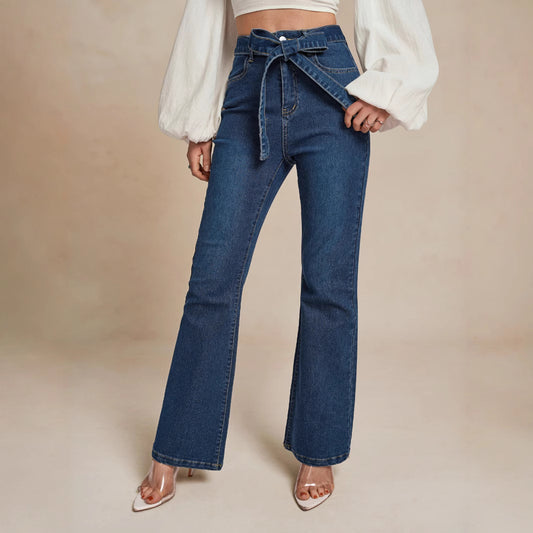 Damen Hohe Taille Jeans mit lässigem Schlag und dekorativem Bund Stalluxe