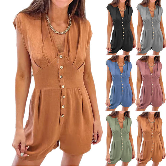 Damen Jumpsuit mit tiefem V-Ausschnitt und dekorativen Knopfdetails Stalluxe