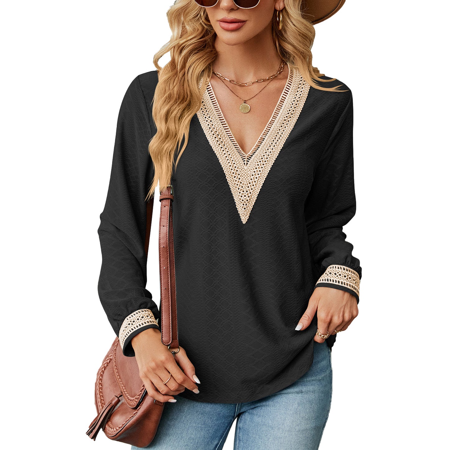 Damen Langarm Blusenshirt mit dekorativem V-Ausschnitt und Häkelelementen Stalluxe