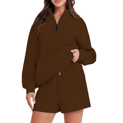 Damen bequemen Freizeit-Sweatanzug mit halbem Reißverschluss und Shorts Stalluxe