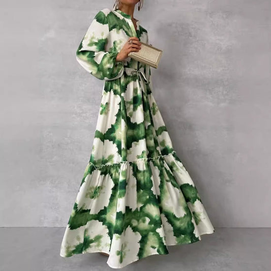 Damen Maxikleid mit modernen Aquarell-Muster und voluminösem Rock Stalluxe