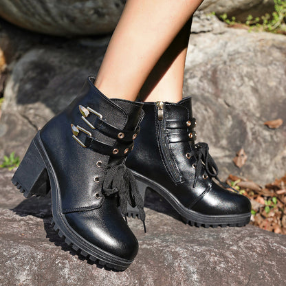Damen modische Stiefeletten mit Blockabsatz und Schnürung Stalluxe