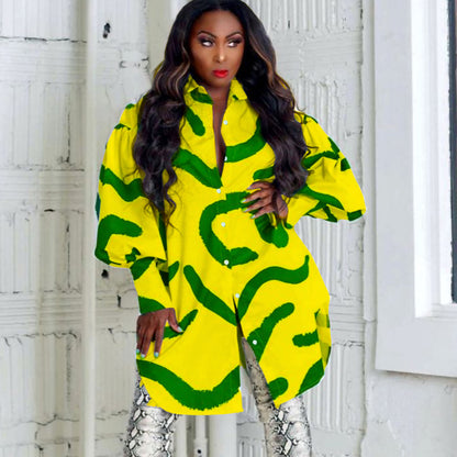 Damen Modisches Hemdblusenkleid mit auffälligem Muster und voluminösen Ärmeln Stalluxe