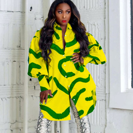 Damen Modisches Hemdblusenkleid mit auffälligem Muster und voluminösen Ärmeln Stalluxe