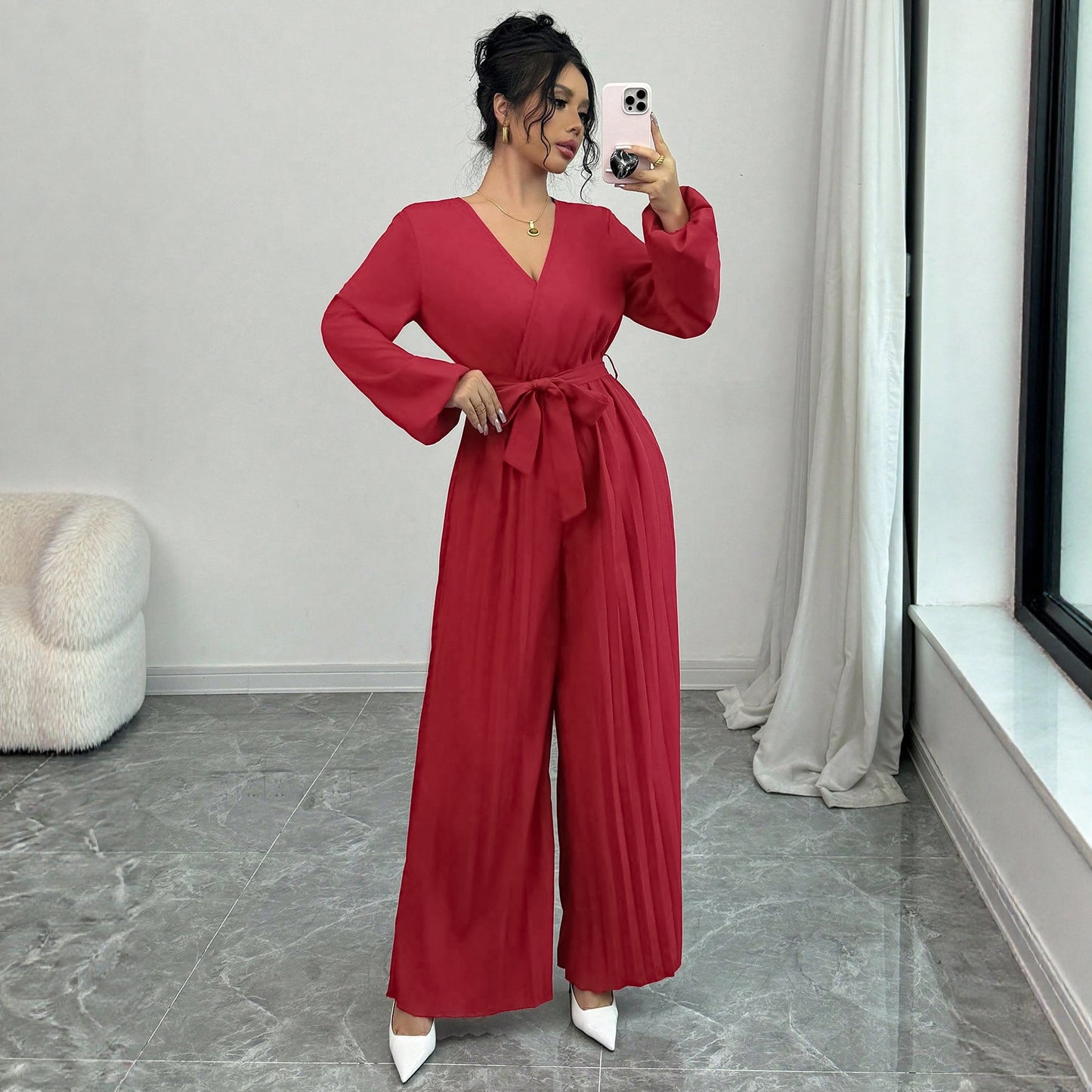 Damen Jumpsuit mit Plissees und Taillengürtel Stalluxe