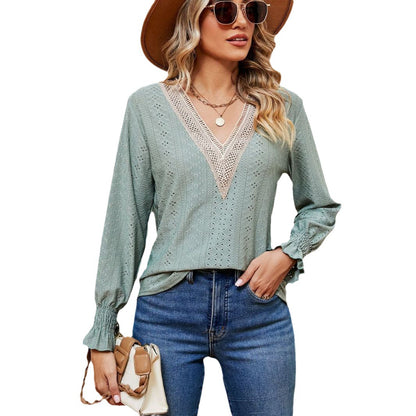 Damen Bluse mit luftigen Lochstickereien und V-Ausschnitt Stalluxe