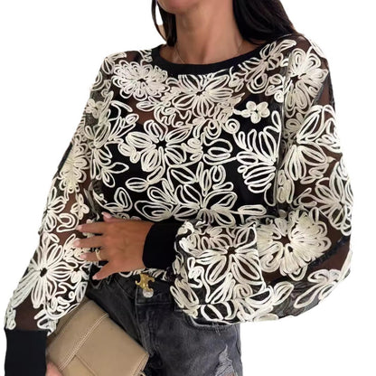 Damen Spitzenshirt mit floralen Stickereien und elastischen Bündchen Stalluxe