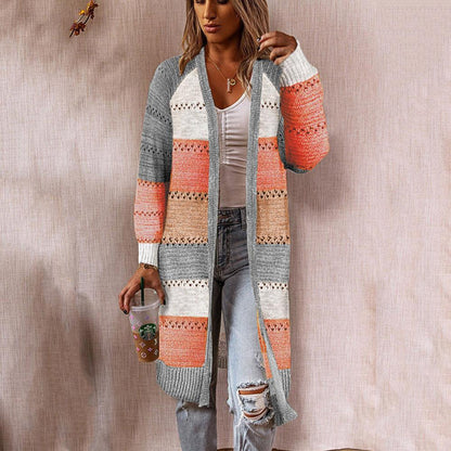 Damen Strickjacke im Retro-Patchwork-Stil mit langen Ärmeln und offenen Front Stalluxe