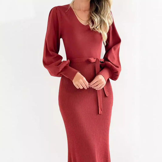 Damen elegantes Strickkleid mit Puffärmeln Stalluxe