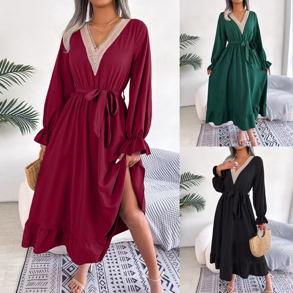 Damen Maxikleid mit eleganter V-Ausschnitt und Rüschendetails Stalluxe