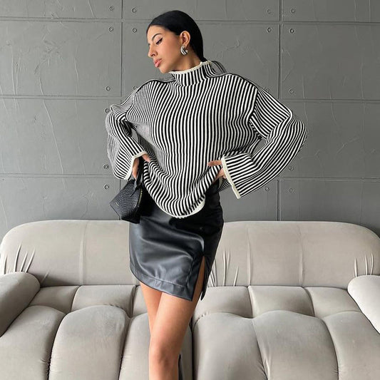 Damen Strickpullover mit lässigem Stehkragen und eleganten Streifen Stalluxe