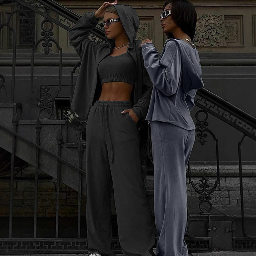 Damen lässiges Sport-Set mit cropped Oberteil und weiten Hosen Stalluxe