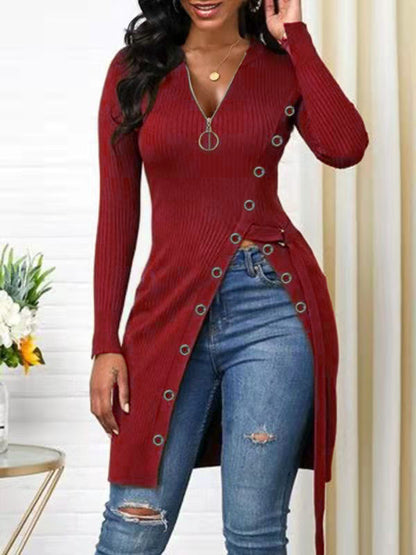 Damen figurbetontes Wickelshirt mit Knopfdetails und tiefem V-Ausschnitt Stalluxe