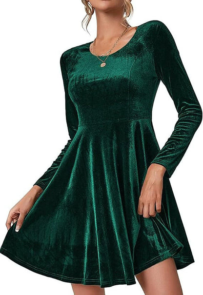 Damen Langarm Velours Kleid mit fließendem Rock Stalluxe