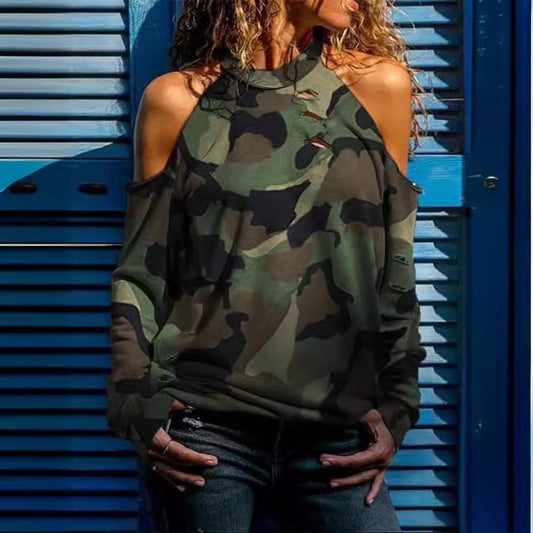 Damen Lässiger Camouflage Pullover mit Off-Shoulder Design Stalluxe