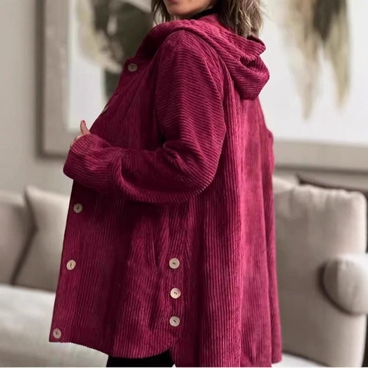 Damen Lässige cordjacke mit Kapuze und großen Knöpfen Stalluxe