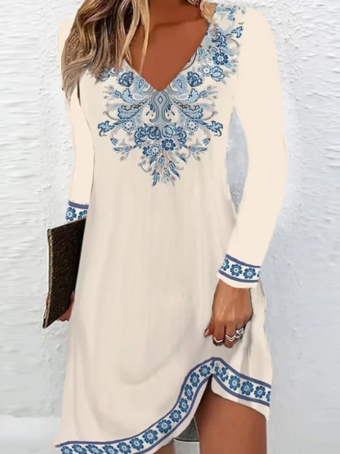 Damen V-Ausschnitt Kleid mit floralen Akzenten und langen Ärmeln Stalluxe