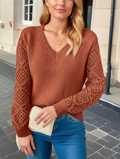 Damen Strickpullover mit raffinierten Häkelärmeln und V-Ausschnitt Stalluxe
