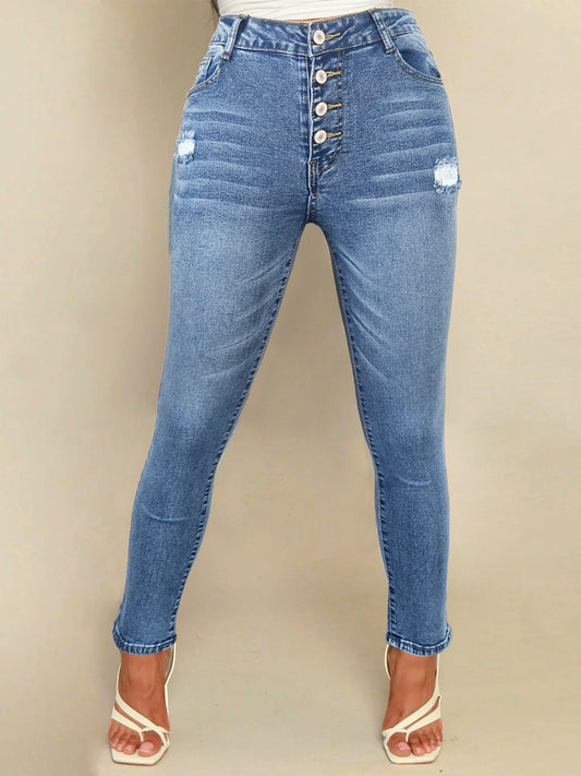 Damen High-Waist Jeans mit Knopf-Front und stylishem Distressed-Look Stalluxe