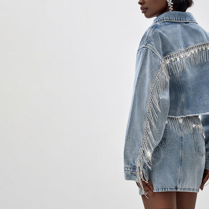 Damen Denim-Hemdjacke mit auffälligem Fransen-Design Stalluxe