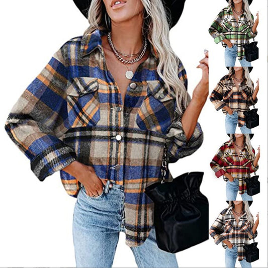 Damen Karierter Overshirt mit Knöpfen und Brusttaschen Stalluxe