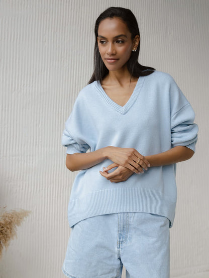 Damen Viskose-Pullover mit tiefem V-Ausschnitt und breiten Bündchen Stalluxe
