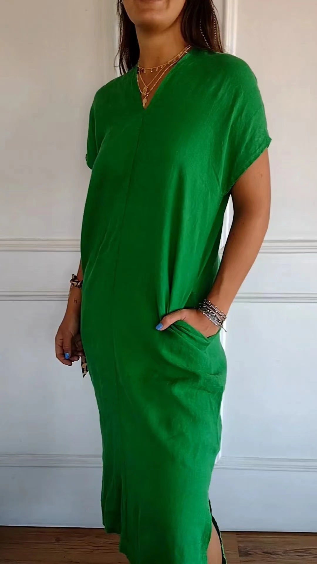 Damen lässiges V-Ausschnitt Kleid mit praktischen Taschen Stalluxe