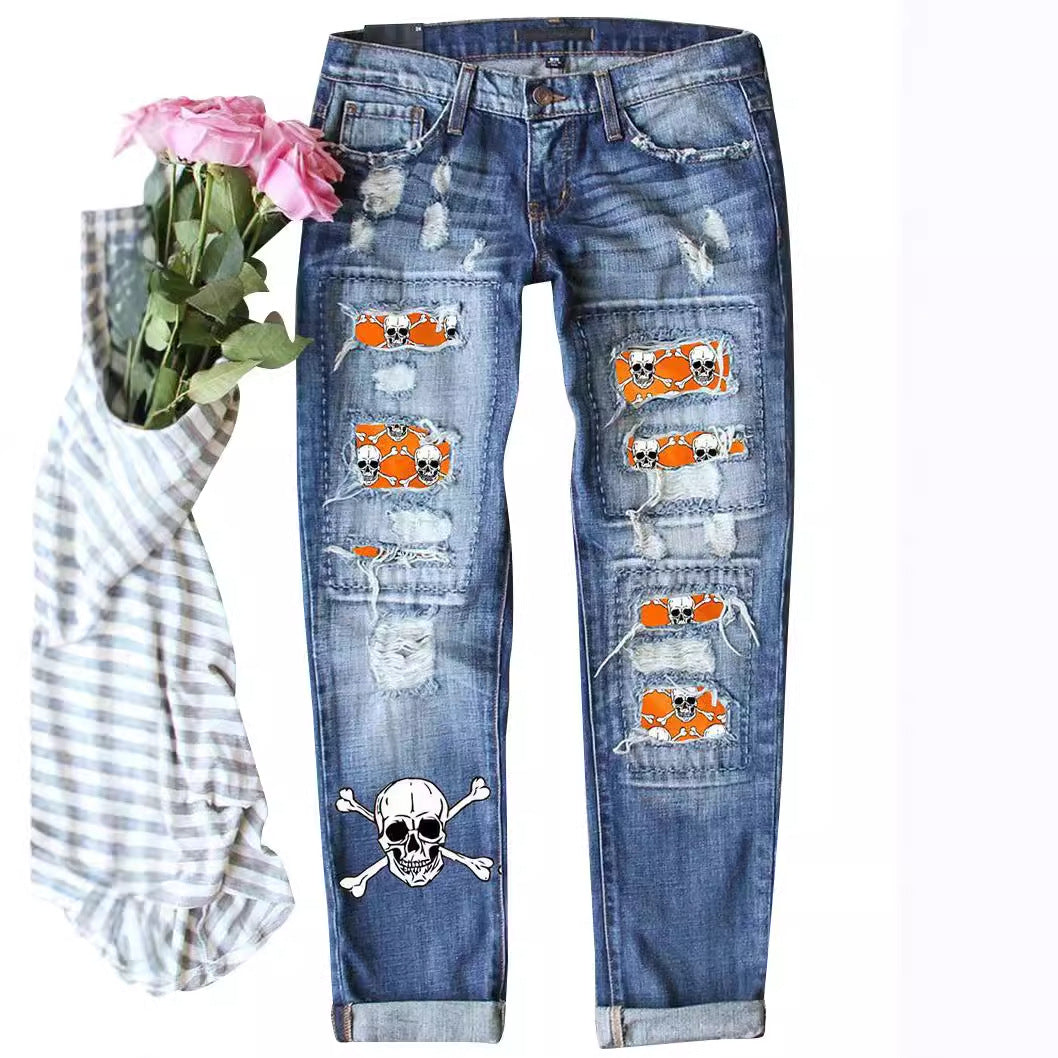 Damen Skinny Jeans mit auffälligen Totenkopf-Mustern Stalluxe