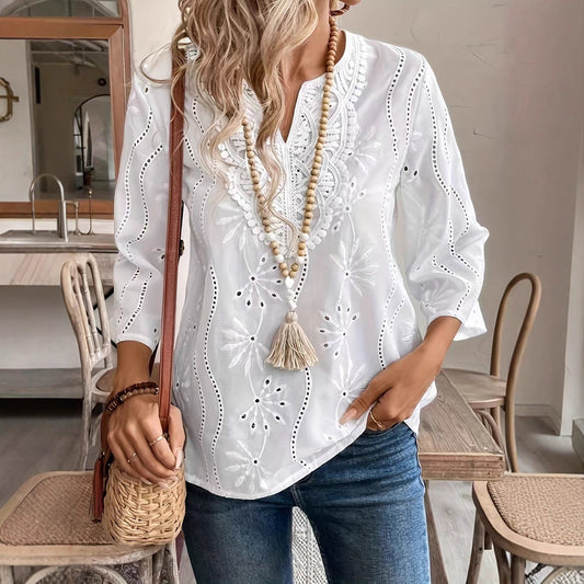 Damen bestickte Bluse mit elegantem V-Ausschnitt und 3/4-Ärmeln Stalluxe