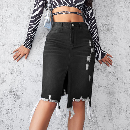 Damen Midi-Denim-Rock mit fransigen Details Stalluxe