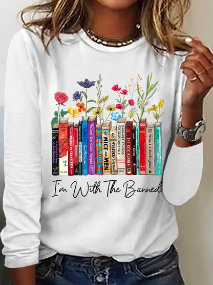Damen Langarmshirt mit Bücher- und Blumenmotiv Stalluxe
