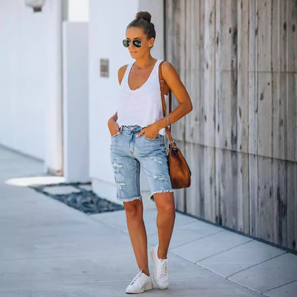Damen lässige Denim-Shorts mit fransigem Saum und auffälligem Used-Look Stalluxe
