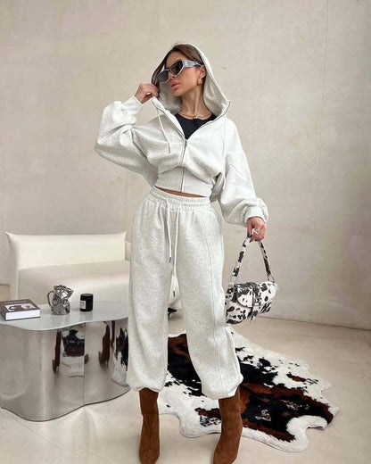 Damen sportliches Cropped-Set mit Reißverschluss und bequemen weiten Hosen Stalluxe