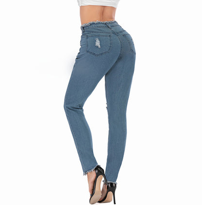 Damen High-Waist Skinny-Jeans mit Fransen und modischen Rissen Stalluxe
