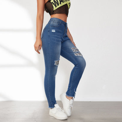 Damen Skinny Jeans mit animalischen Applikationen und Distressed-Effekten Stalluxe