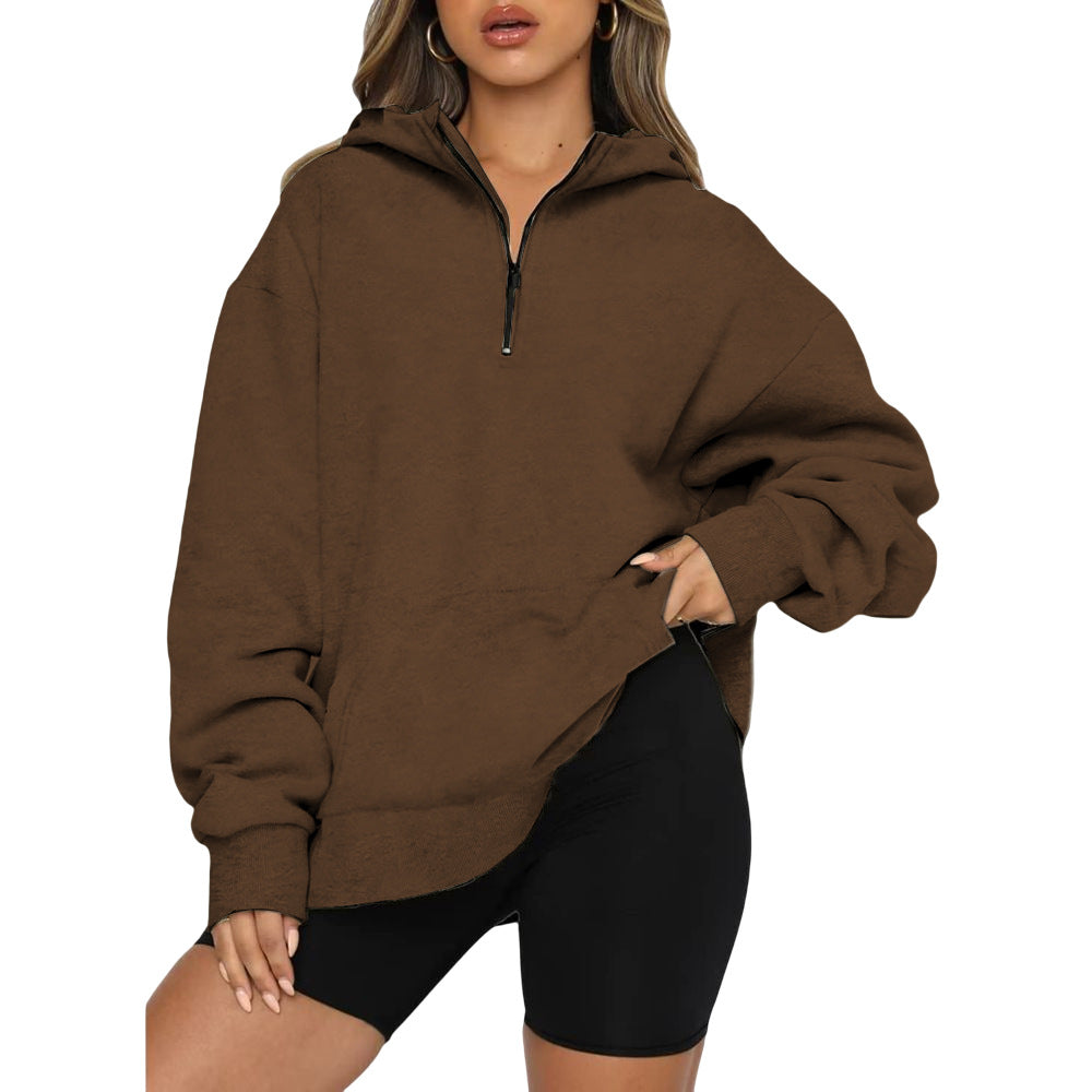 Damen Oversize Kapuzenpullover mit halbem Reißverschluss Stalluxe Braun